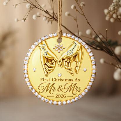 First Christmas As Mr & Mrs Pinky Promise Hands With Rhinestones - Personalized Custom Ceramic Ornament With Round Shape - CPL1866_RCE
