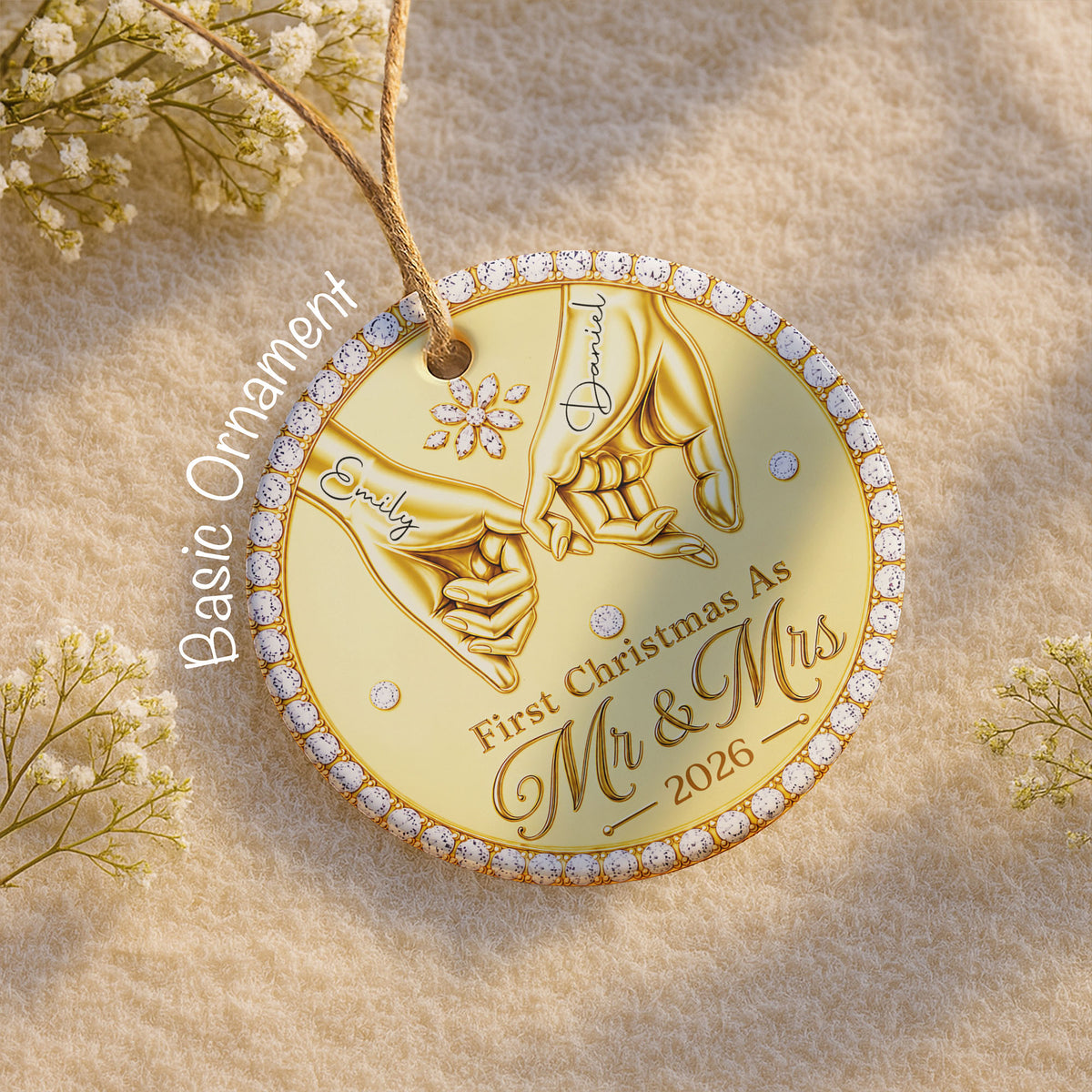 First Christmas As Mr & Mrs Pinky Promise Hands With Rhinestones - Personalized Custom Ceramic Ornament With Round Shape - CPL1866_RCE
