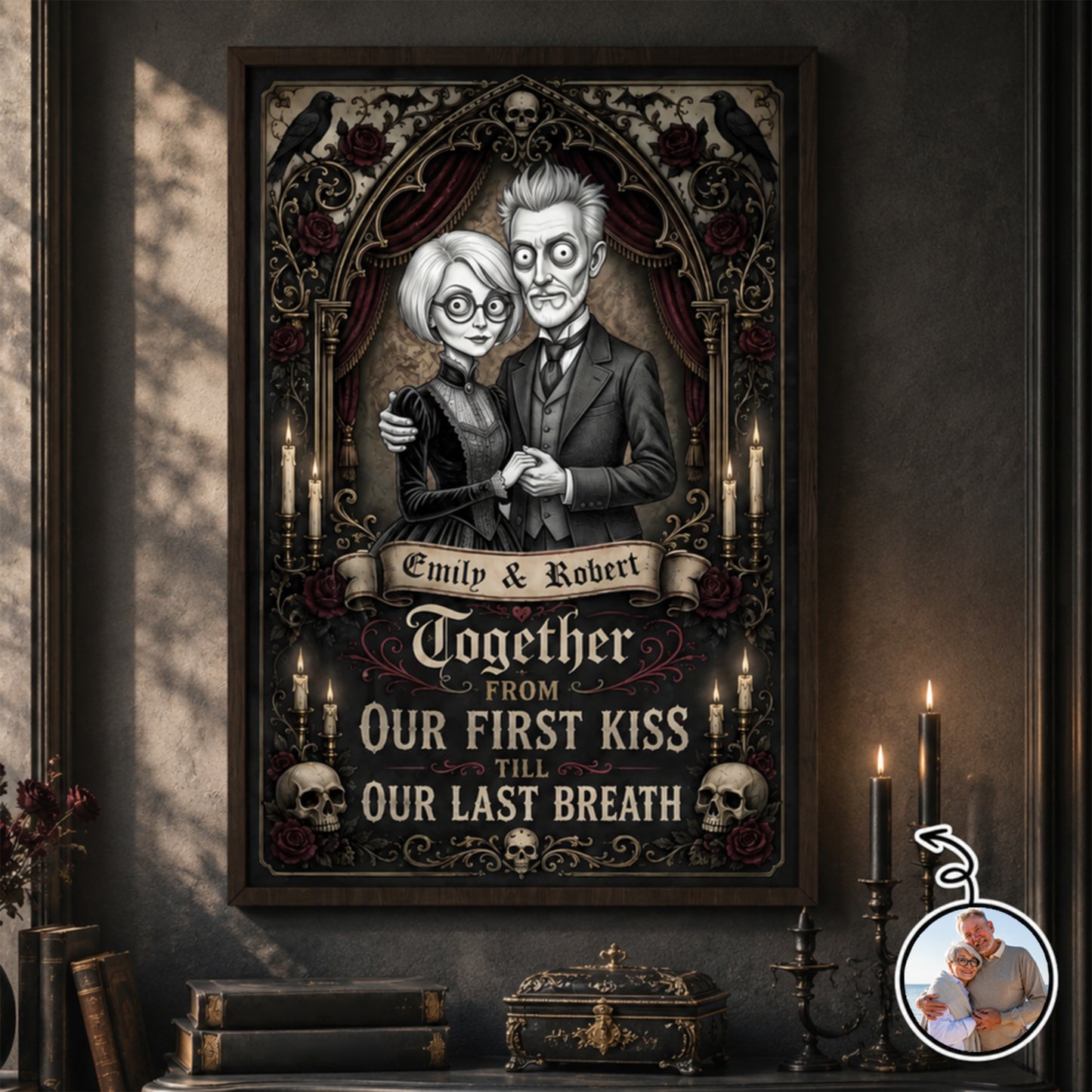 Together From Our First Kiss Victorian Gothic Couple Skulls And Roses - Personalized Custom Vertical Poster - CPL1884_VPOS