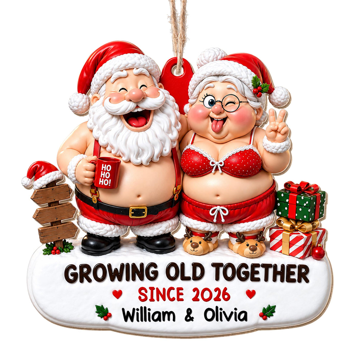 Growing Old Together Since Santa And Mrs Claus With Gifts - Personalized Custom Wood Ornament, Custom Shaped - CPL1907_WDO