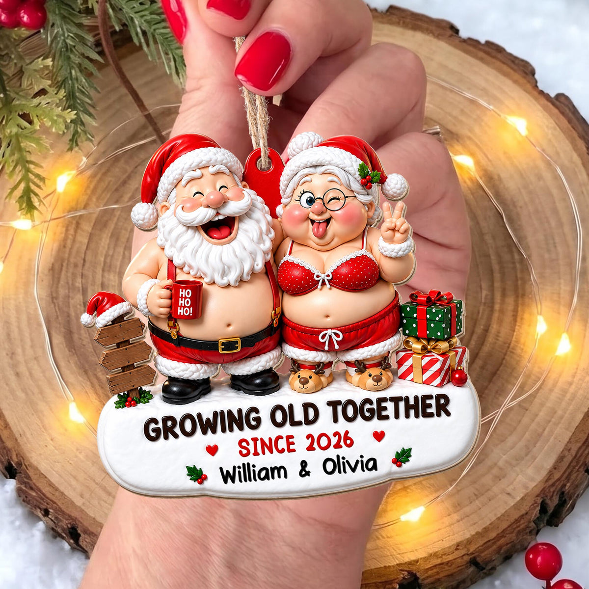 Growing Old Together Since Santa And Mrs Claus With Gifts - Personalized Custom Wood Ornament, Custom Shaped - CPL1907_WDO