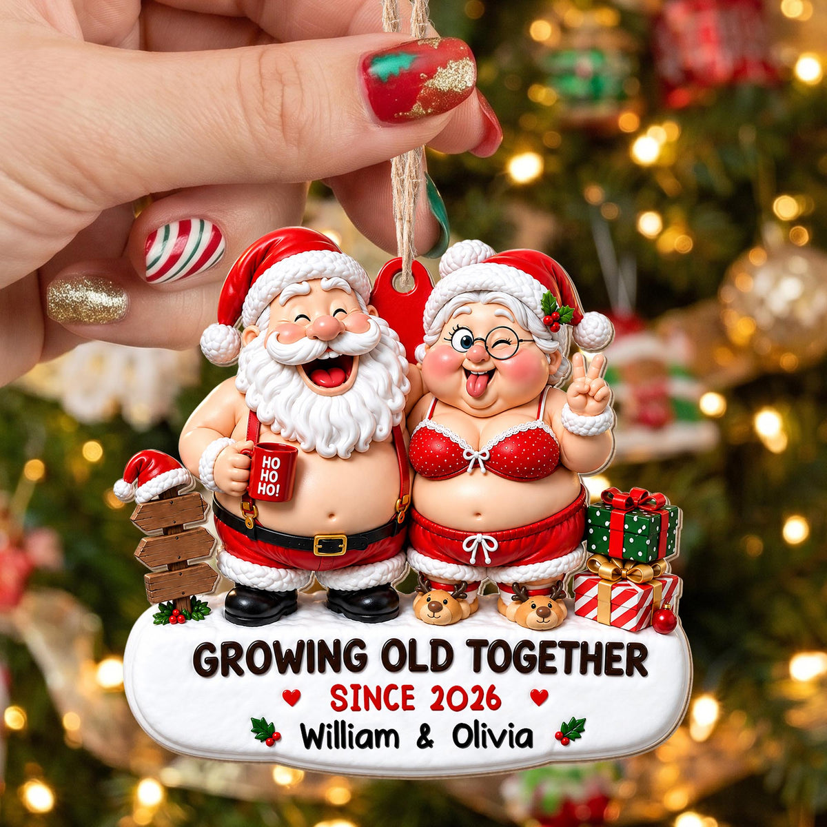 Growing Old Together Since Santa And Mrs Claus With Gifts - Personalized Custom Wood Ornament, Custom Shaped - CPL1907_WDO