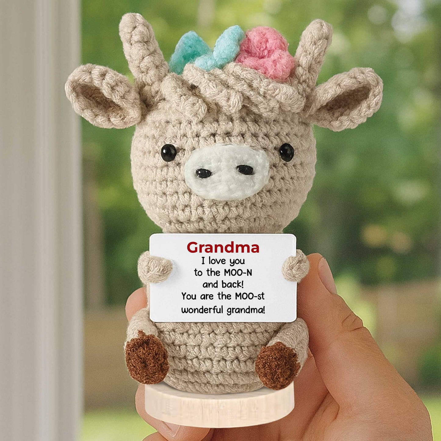 De ida y vuelta a la luna, diseño de tortuga y flor de crochet - Muñeca de crochet con tarjeta personalizada - GRM012_CDOLL