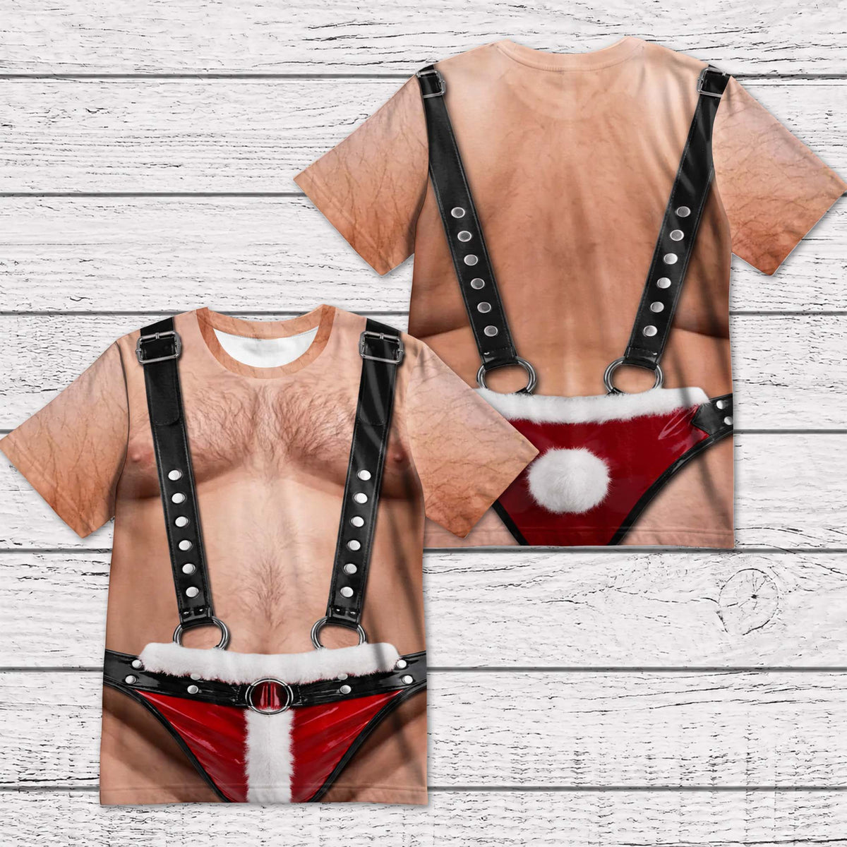 Funny Christmas Hairy Torso And Santa Bikini Couple Outfits - Personalized Custom Unisex All-Over Printed T-Shirt - CPL1910_3T
