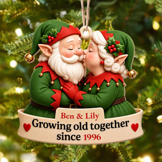 Growing Old Together Kissing Elf Couple With Hearts Ornament - Personalized Custom Wood Ornament, Custom Shaped - CPL1918_WDO