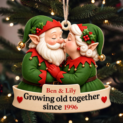 Growing Old Together Kissing Elf Couple With Hearts Ornament - Personalized Custom Wood Ornament, Custom Shaped - CPL1918_WDO
