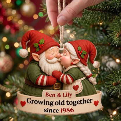 Growing Old Together Kissing Gnome Couple With Hearts - Personalized Custom Wood Ornament, Custom Shaped - CPL1919_WDO