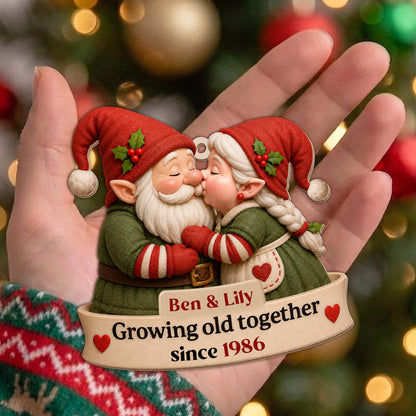 Growing Old Together Kissing Gnome Couple With Hearts - Personalized Custom Wood Ornament, Custom Shaped - CPL1919_WDO