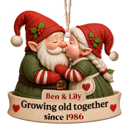 Growing Old Together Kissing Gnome Couple With Hearts - Personalized Custom Wood Ornament, Custom Shaped - CPL1919_WDO