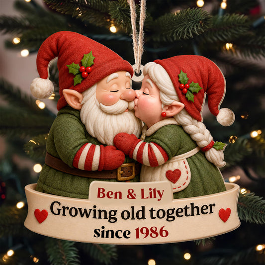 Growing Old Together Kissing Gnome Couple With Hearts - Personalized Custom Wood Ornament, Custom Shaped - CPL1919_WDO
