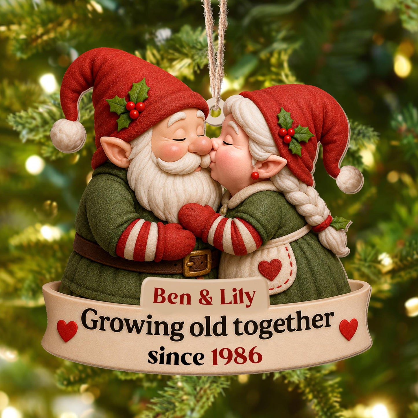 Growing Old Together Kissing Gnome Couple With Hearts - Personalized Custom Wood Ornament, Custom Shaped - CPL1919_WDO
