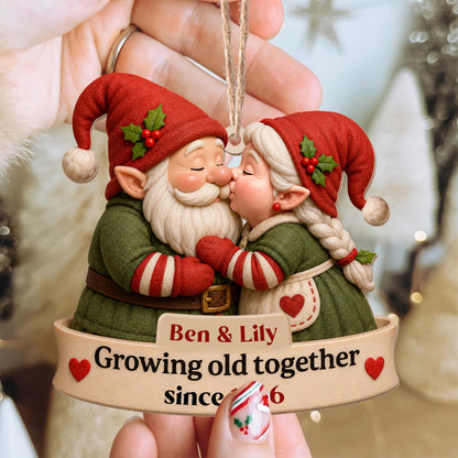 Growing Old Together Kissing Gnome Couple With Hearts - Personalized Custom Wood Ornament, Custom Shaped - CPL1919_WDO