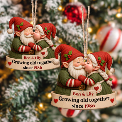 Growing Old Together Kissing Gnome Couple With Hearts - Personalized Custom Wood Ornament, Custom Shaped - CPL1919_WDO