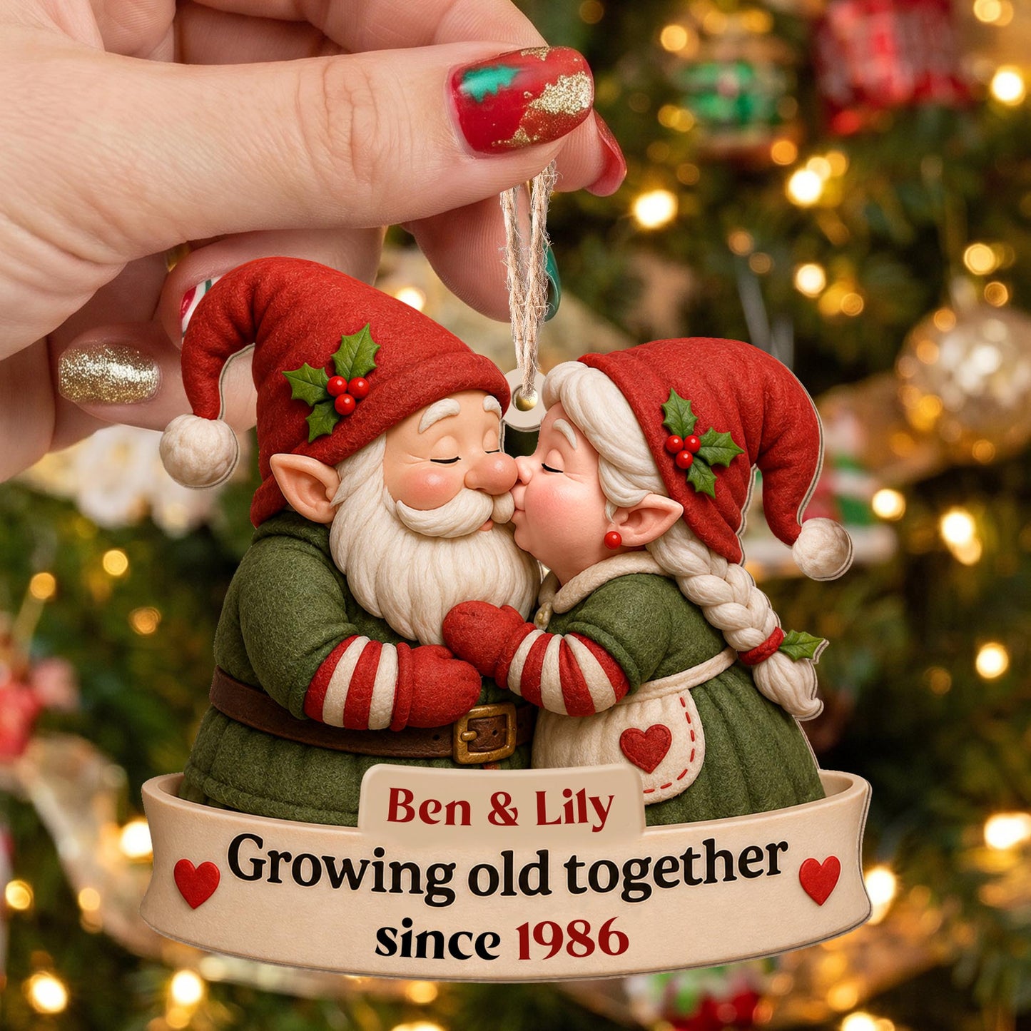 Growing Old Together Kissing Gnome Couple With Hearts - Personalized Custom Wood Ornament, Custom Shaped - CPL1919_WDO