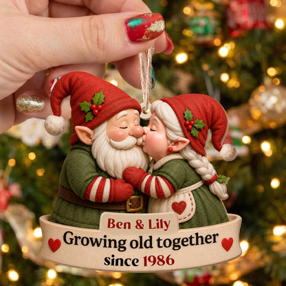 Growing Old Together Kissing Gnome Couple With Hearts - Personalized Custom Wood Ornament, Custom Shaped - CPL1919_WDO