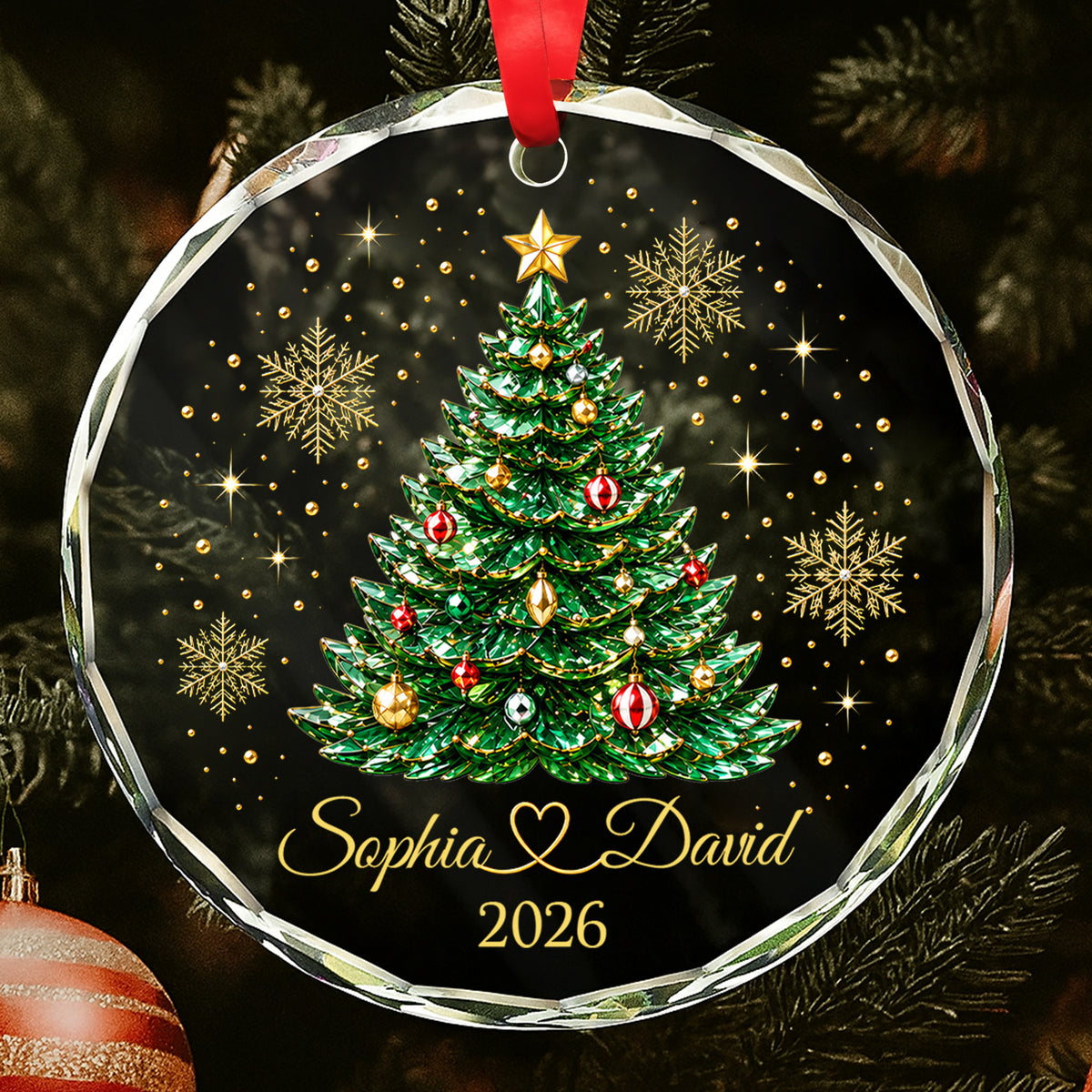 Our First Christmas Together With Christmas Tree And Snowflakes - Personalized Custom Circle Glass Ornament - CPL1922_CGOR