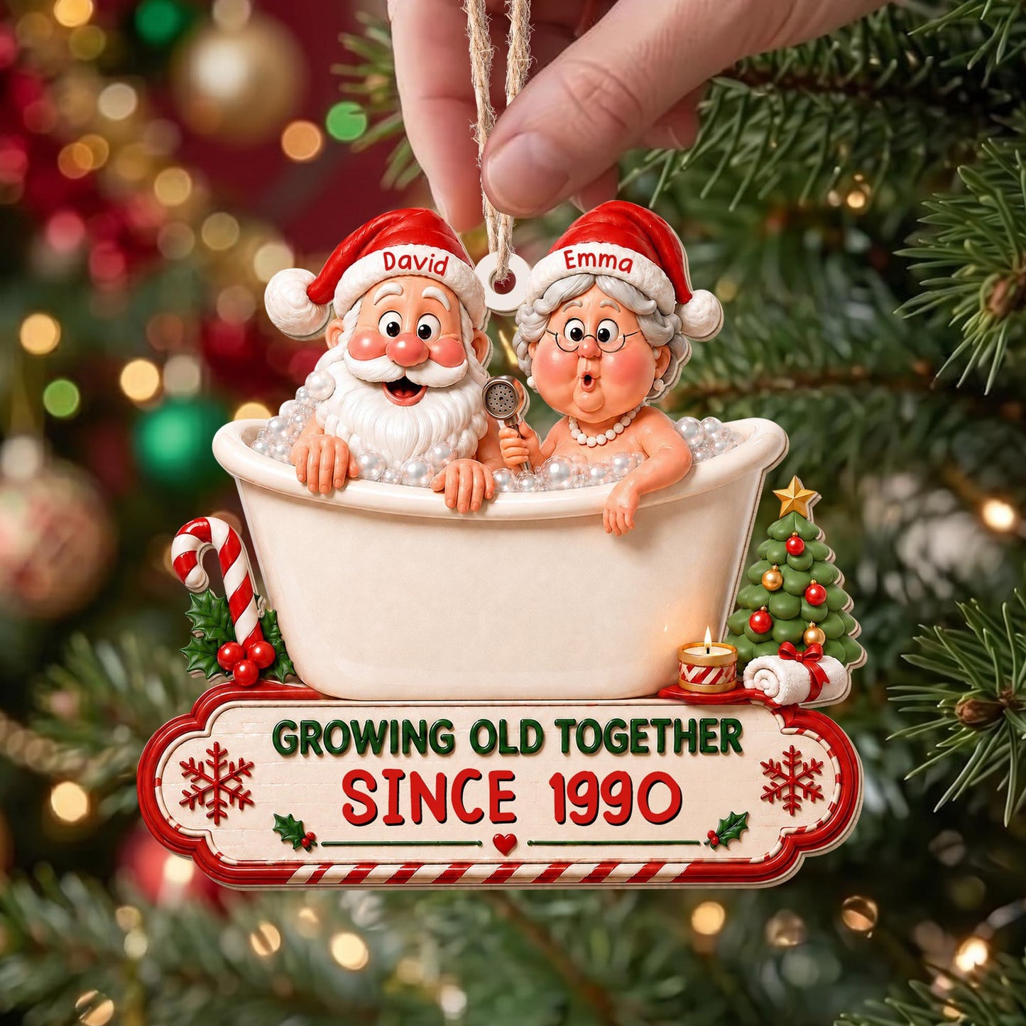 Growing Old Together Santa And Mrs Claus In Bathtub Christmas Decor - Personalized Custom Wood Ornament, Custom Shaped - CPL1930_WDO
