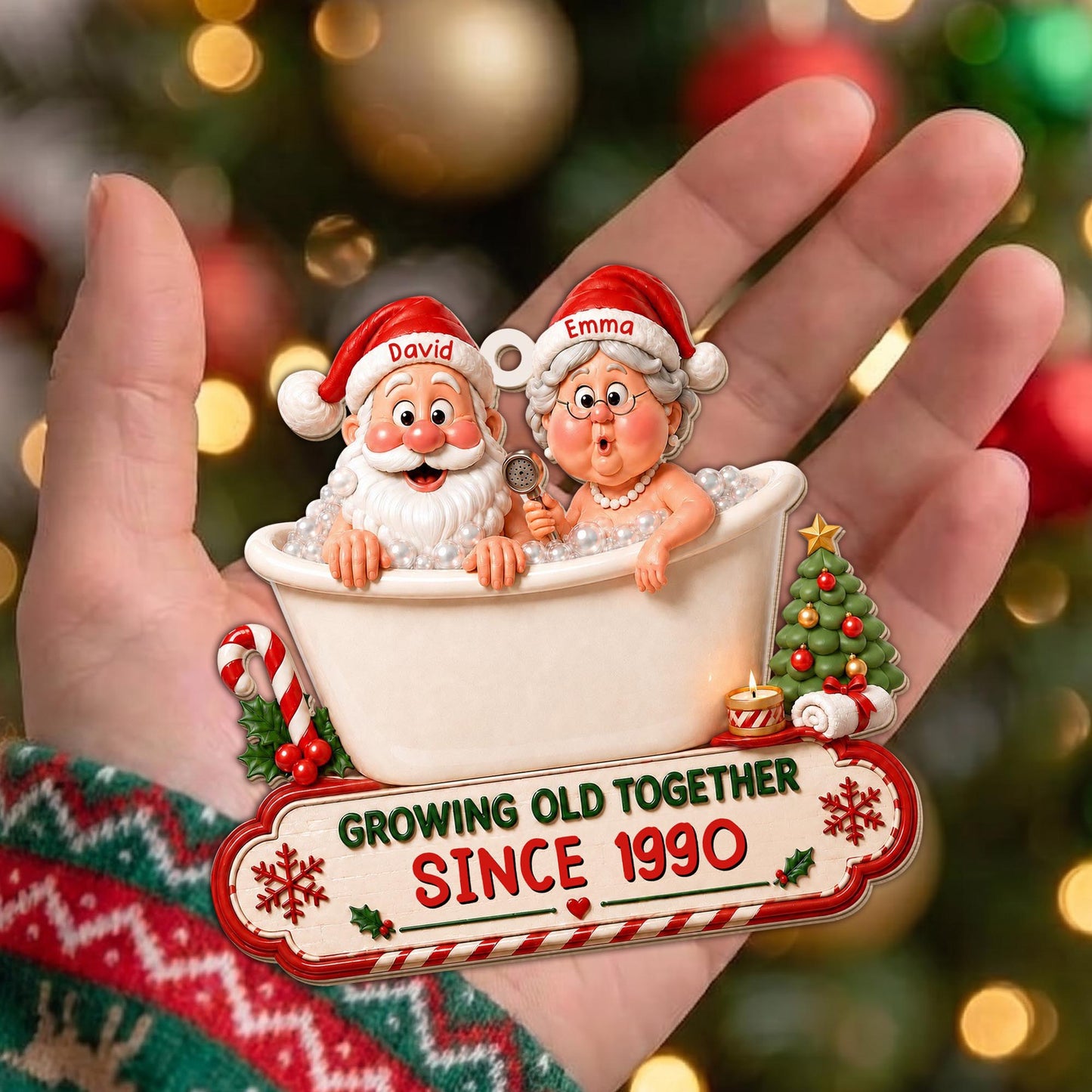 Growing Old Together Santa And Mrs Claus In Bathtub Christmas Decor - Personalized Custom Wood Ornament, Custom Shaped - CPL1930_WDO