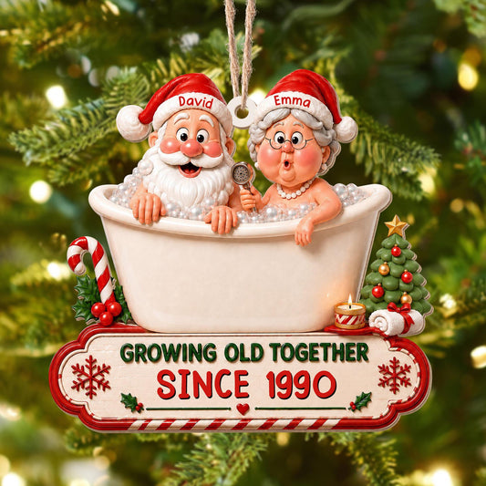 Growing Old Together Santa And Mrs Claus In Bathtub Christmas Decor - Personalized Custom Wood Ornament, Custom Shaped - CPL1930_WDO