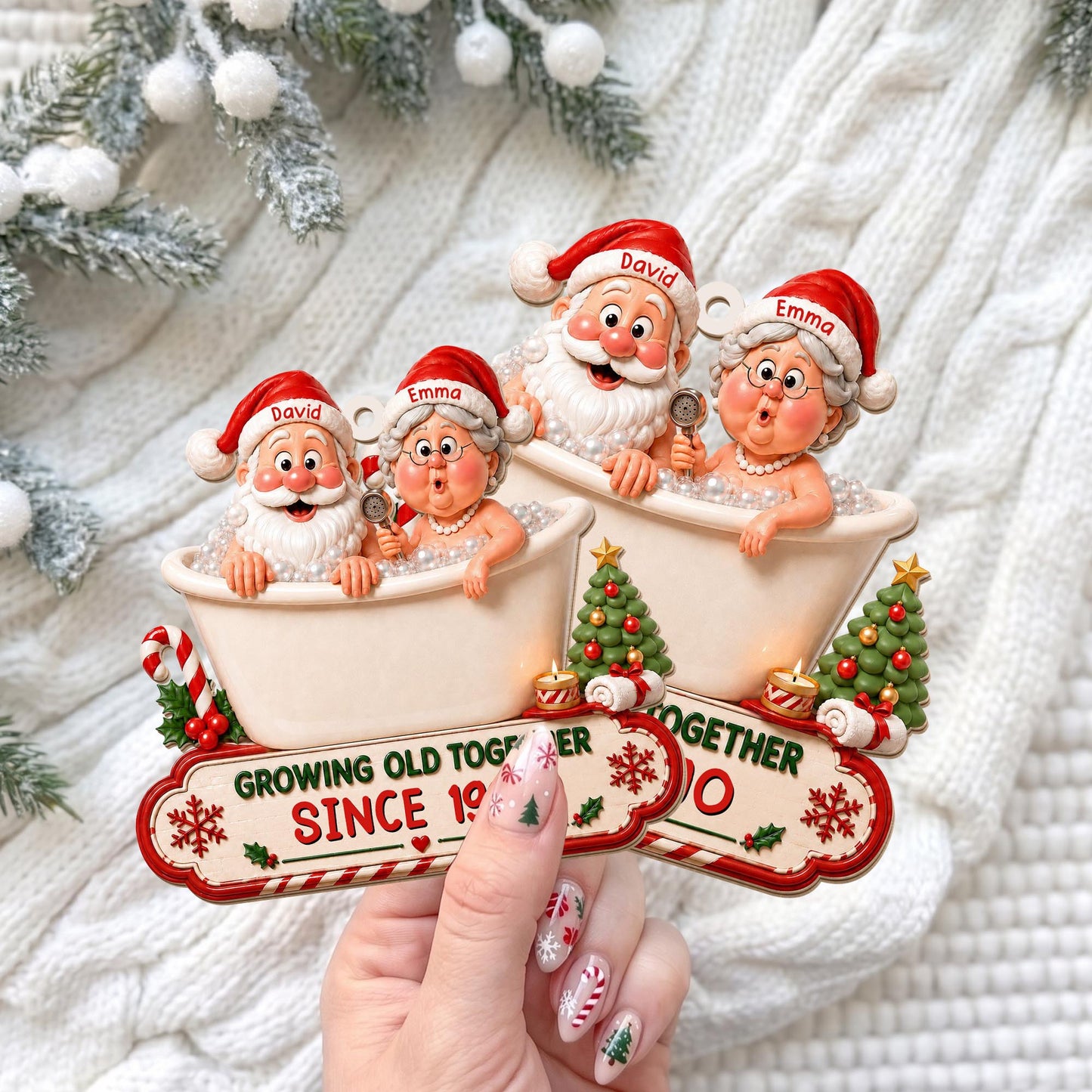Growing Old Together Santa And Mrs Claus In Bathtub Christmas Decor - Personalized Custom Wood Ornament, Custom Shaped - CPL1930_WDO