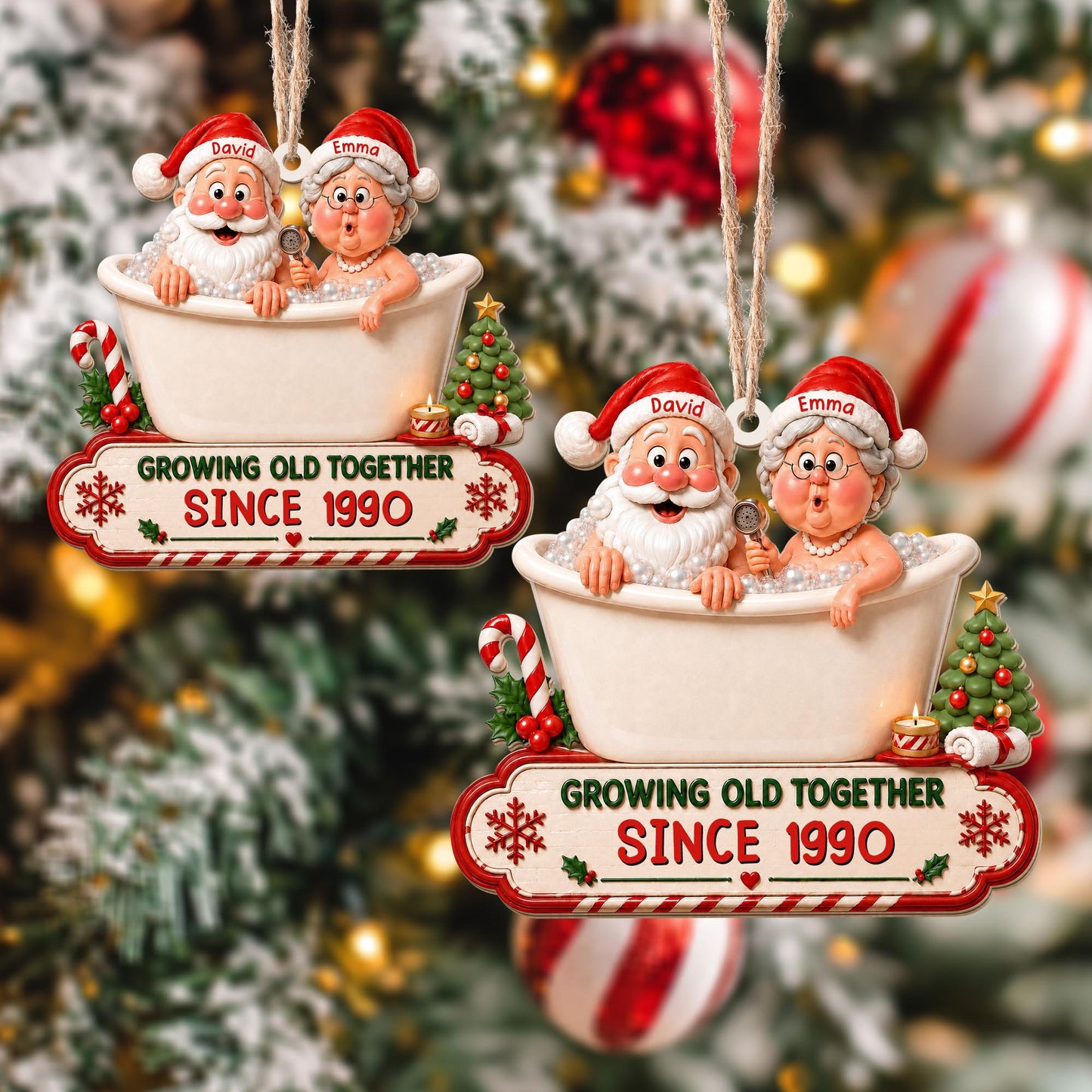 Growing Old Together Santa And Mrs Claus In Bathtub Christmas Decor - Personalized Custom Wood Ornament, Custom Shaped - CPL1930_WDO