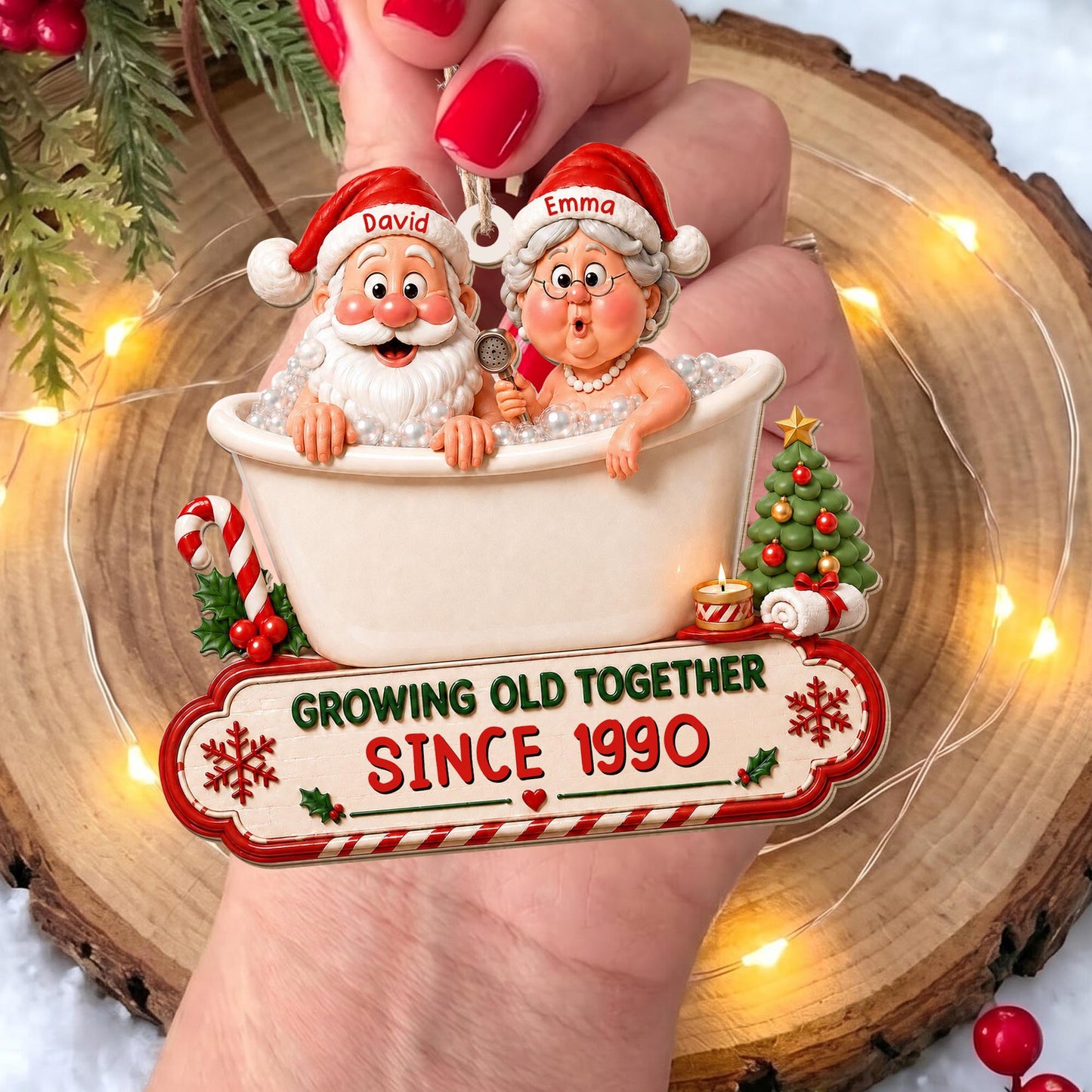 Growing Old Together Santa And Mrs Claus In Bathtub Christmas Decor - Personalized Custom Wood Ornament, Custom Shaped - CPL1930_WDO