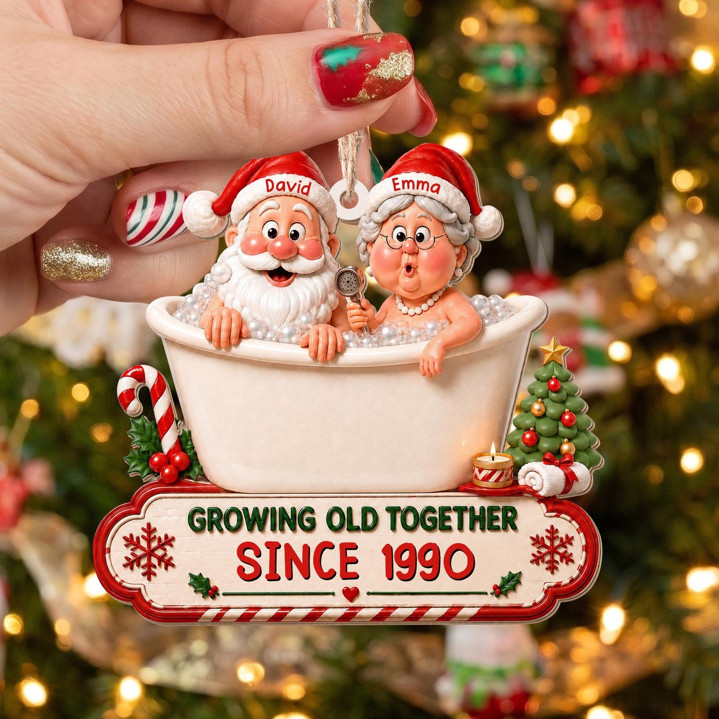 Growing Old Together Santa And Mrs Claus In Bathtub Christmas Decor - Personalized Custom Wood Ornament, Custom Shaped - CPL1930_WDO
