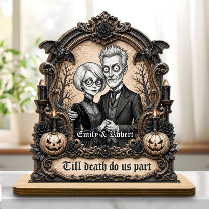 Till Death Do Us Part Victorian Gothic Couple With Pumpkins And Bats - Personalized Custom 2-Layer Wood Plaque With Flat Base - CPL2105_WPLA