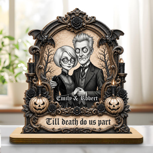 Till Death Do Us Part Victorian Gothic Couple With Pumpkins And Bats - Personalized Custom 2-Layer Wood Plaque With Flat Base - CPL2105_WPLA