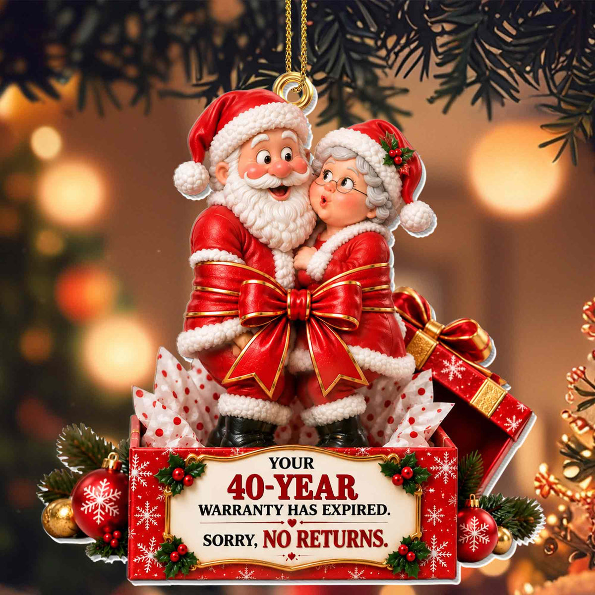 Our Years Warranty Has Expired Santa Couple Gift Box - Personalized Custom Acrylic Ornament, Christmas Gift - CPL2167_ACO