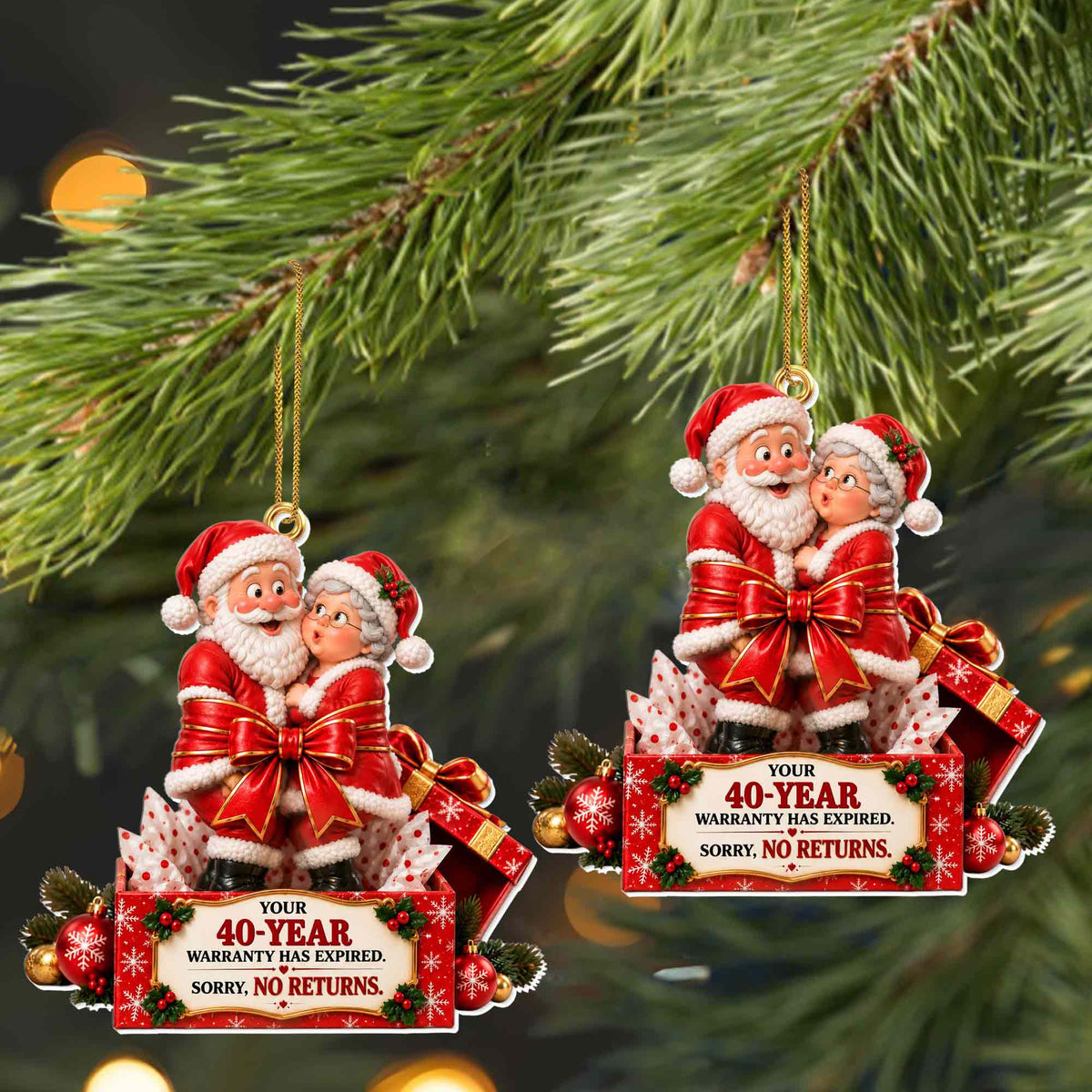 Our Years Warranty Has Expired Santa Couple Gift Box - Personalized Custom Acrylic Ornament, Christmas Gift - CPL2167_ACO