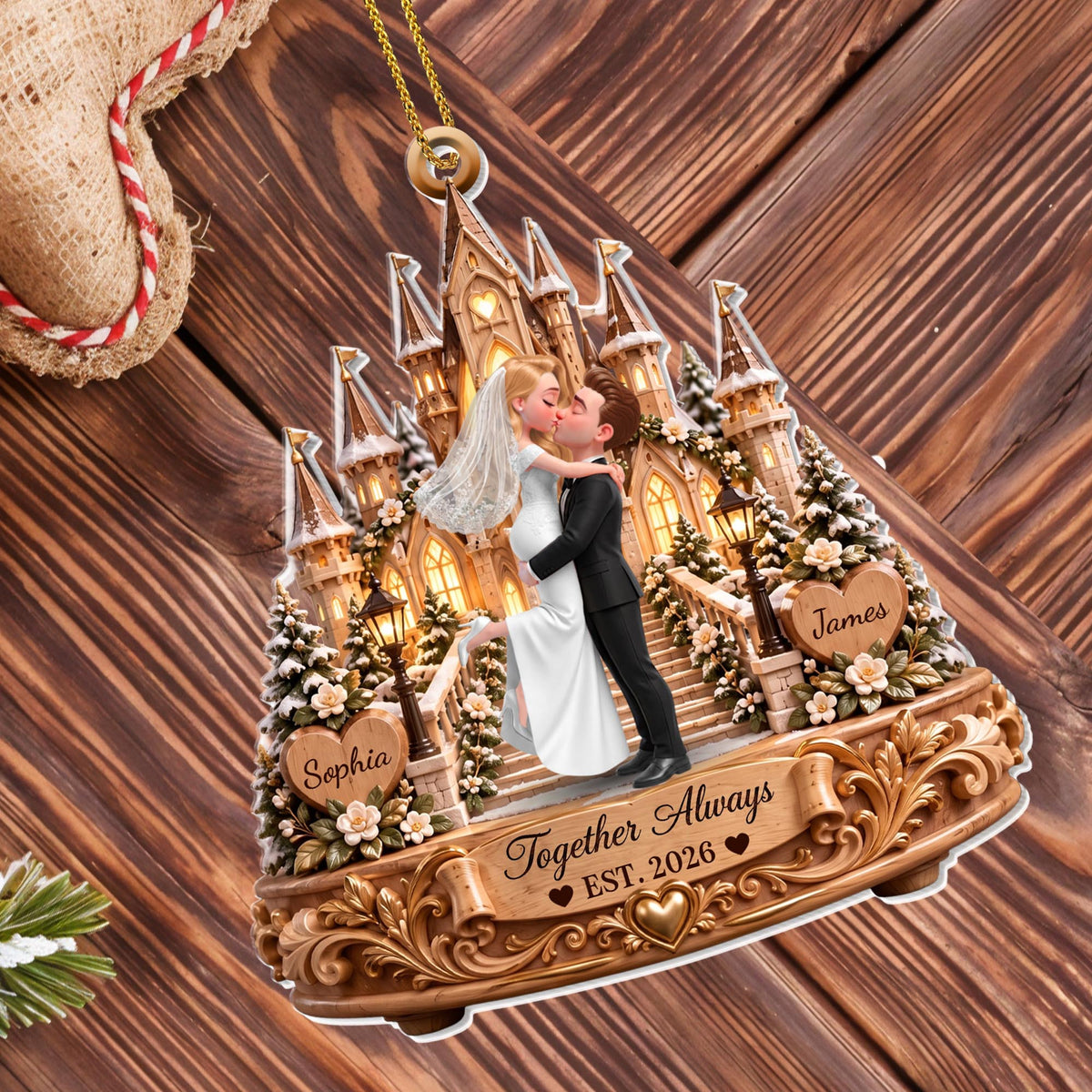 Together Always Wedding Day Bride And Groom With Castle - Personalized Custom Acrylic Ornament, Christmas Gift - CPL2182_ACO