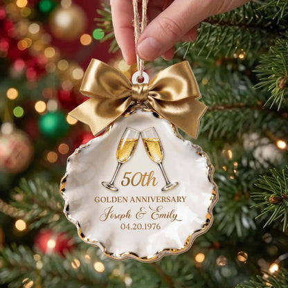 Golden Anniversary Champagne Glasses Seashell With Gold Bow - Personalized Custom Wood Ornament, Custom Shaped - CPL2209_WDO
