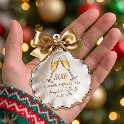 Golden Anniversary Champagne Glasses Seashell With Gold Bow - Personalized Custom Wood Ornament, Custom Shaped - CPL2209_WDO