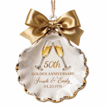 Golden Anniversary Champagne Glasses Seashell With Gold Bow - Personalized Custom Wood Ornament, Custom Shaped - CPL2209_WDO