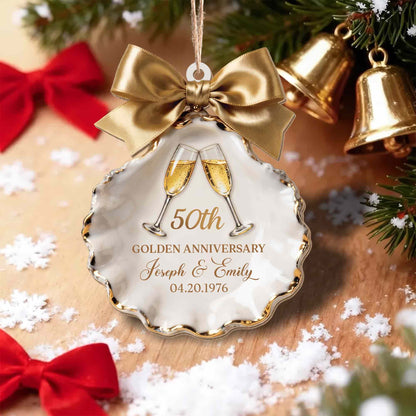 Golden Anniversary Champagne Glasses Seashell With Gold Bow - Personalized Custom Wood Ornament, Custom Shaped - CPL2209_WDO