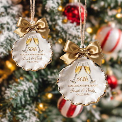 Golden Anniversary Champagne Glasses Seashell With Gold Bow - Personalized Custom Wood Ornament, Custom Shaped - CPL2209_WDO