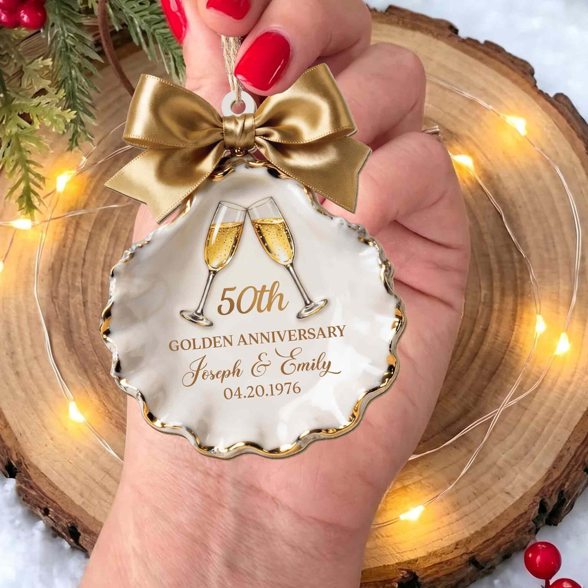 Golden Anniversary Champagne Glasses Seashell With Gold Bow - Personalized Custom Wood Ornament, Custom Shaped - CPL2209_WDO