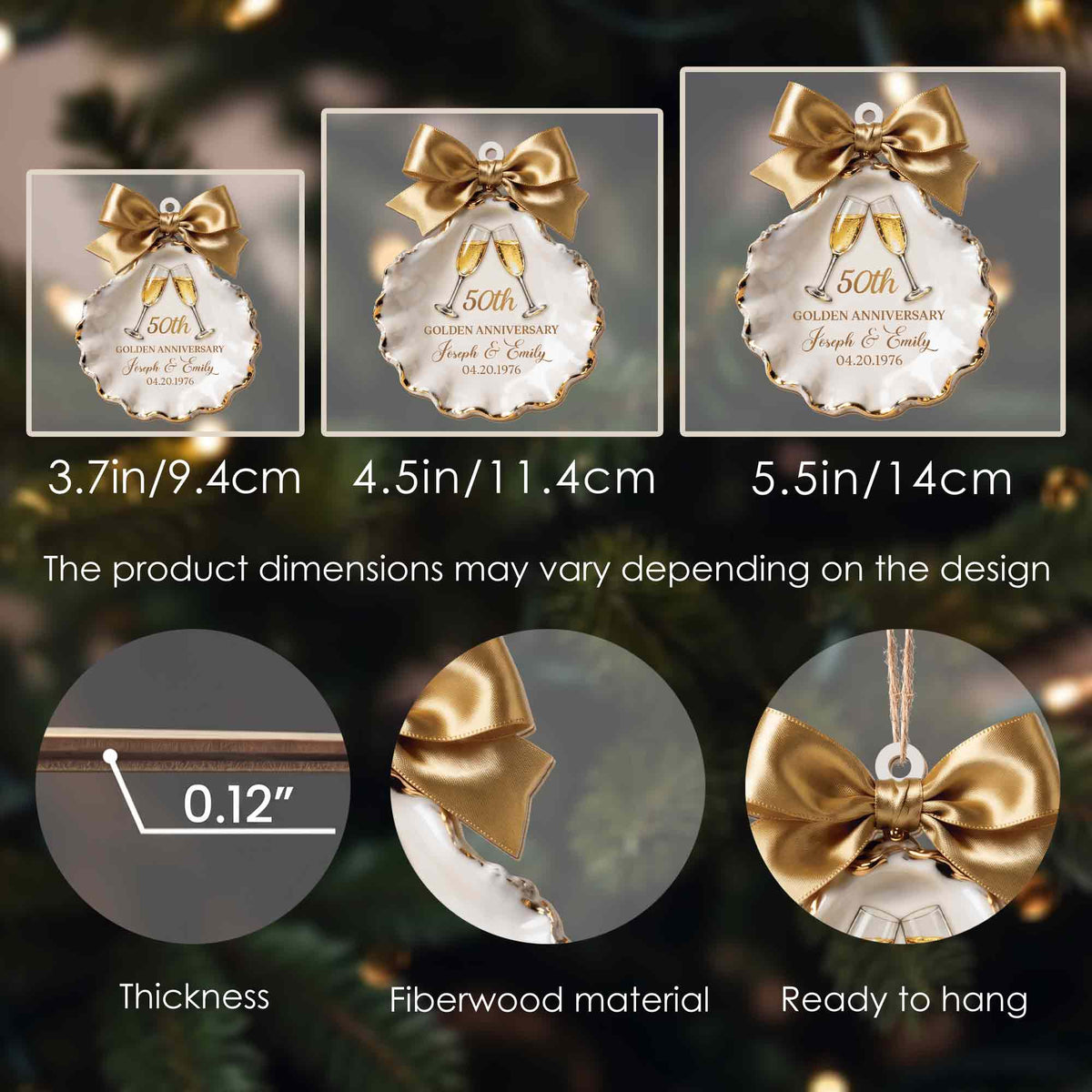 Golden Anniversary Champagne Glasses Seashell With Gold Bow - Personalized Custom Wood Ornament, Custom Shaped - CPL2209_WDO