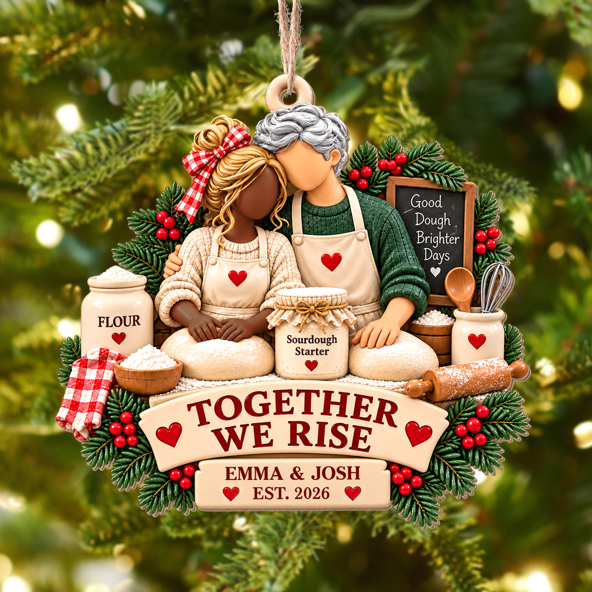 Together We Rise, Sourdough Baking Couple With Flour And Rolling Pin - Personalized Custom Wood Ornament, Custom Shaped - CPL2267_WDO