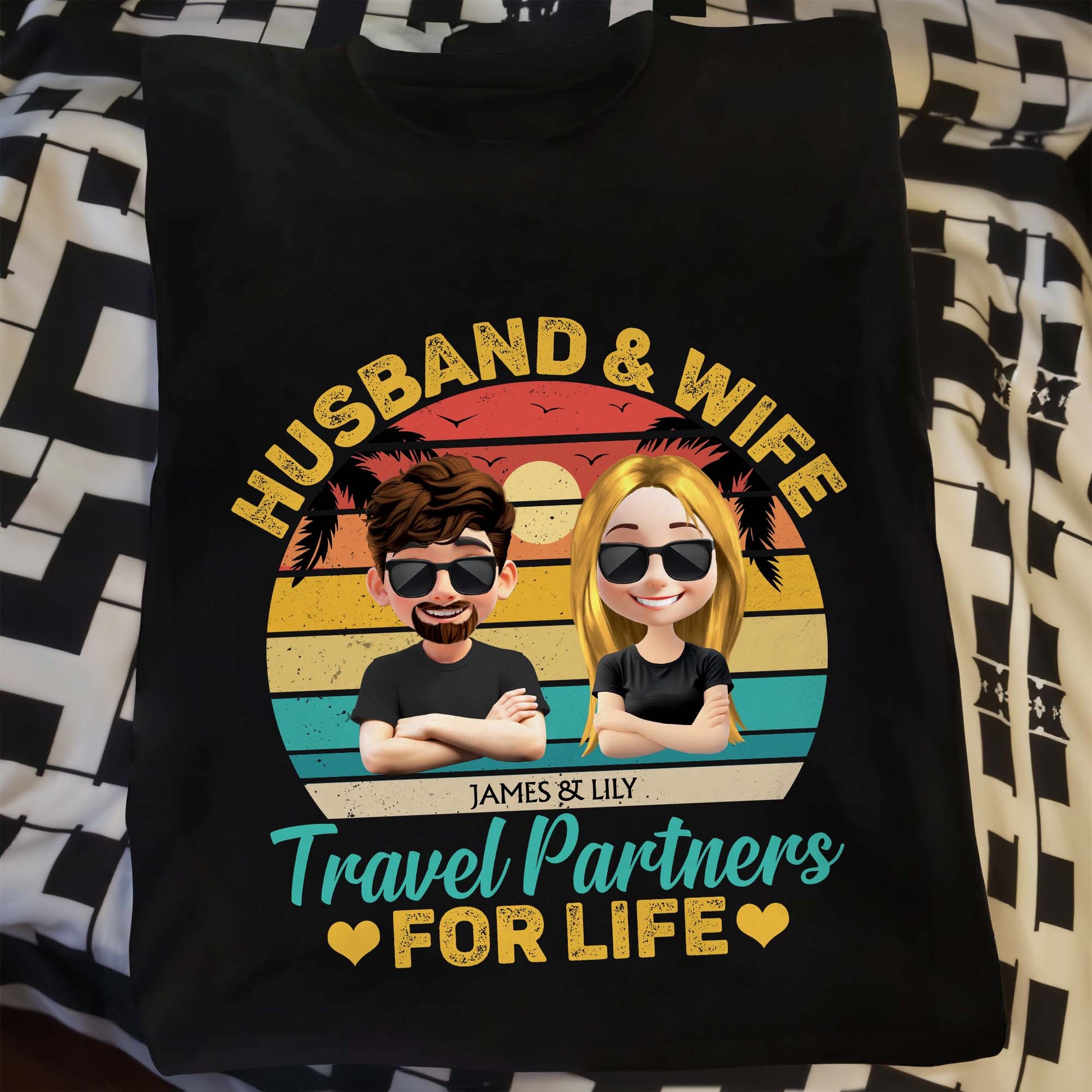 Husband & Wife Travel Partners For Life, Cartoon Couple and Sunset