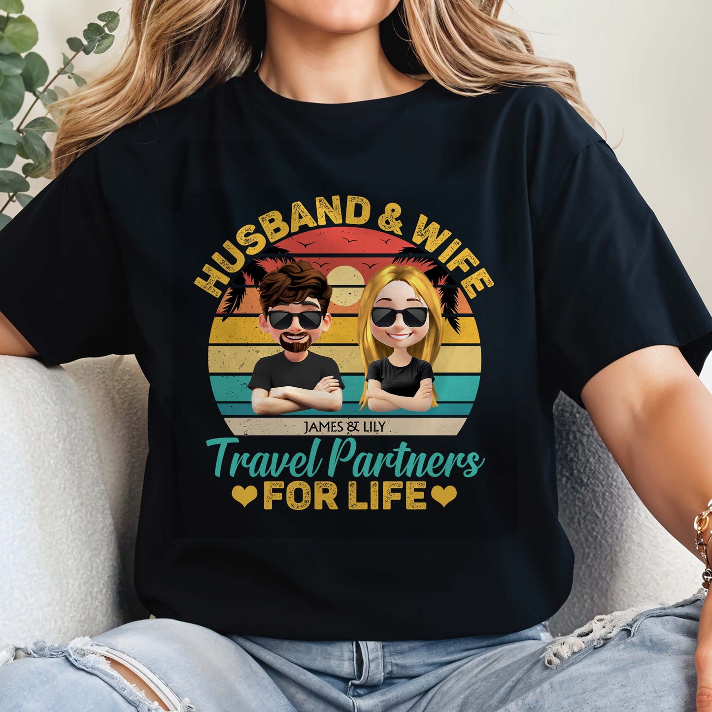 Husband & Wife Travel Partners For Life, Cartoon Couple and Sunset