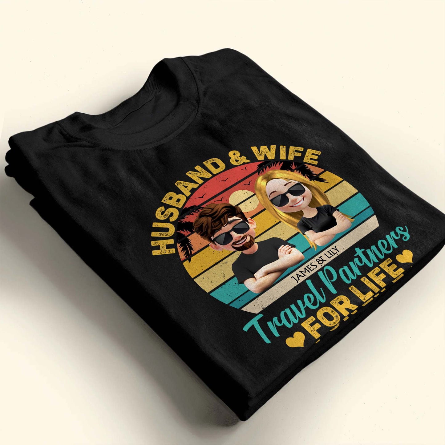 Husband & Wife Travel Partners For Life, Cartoon Couple and Sunset