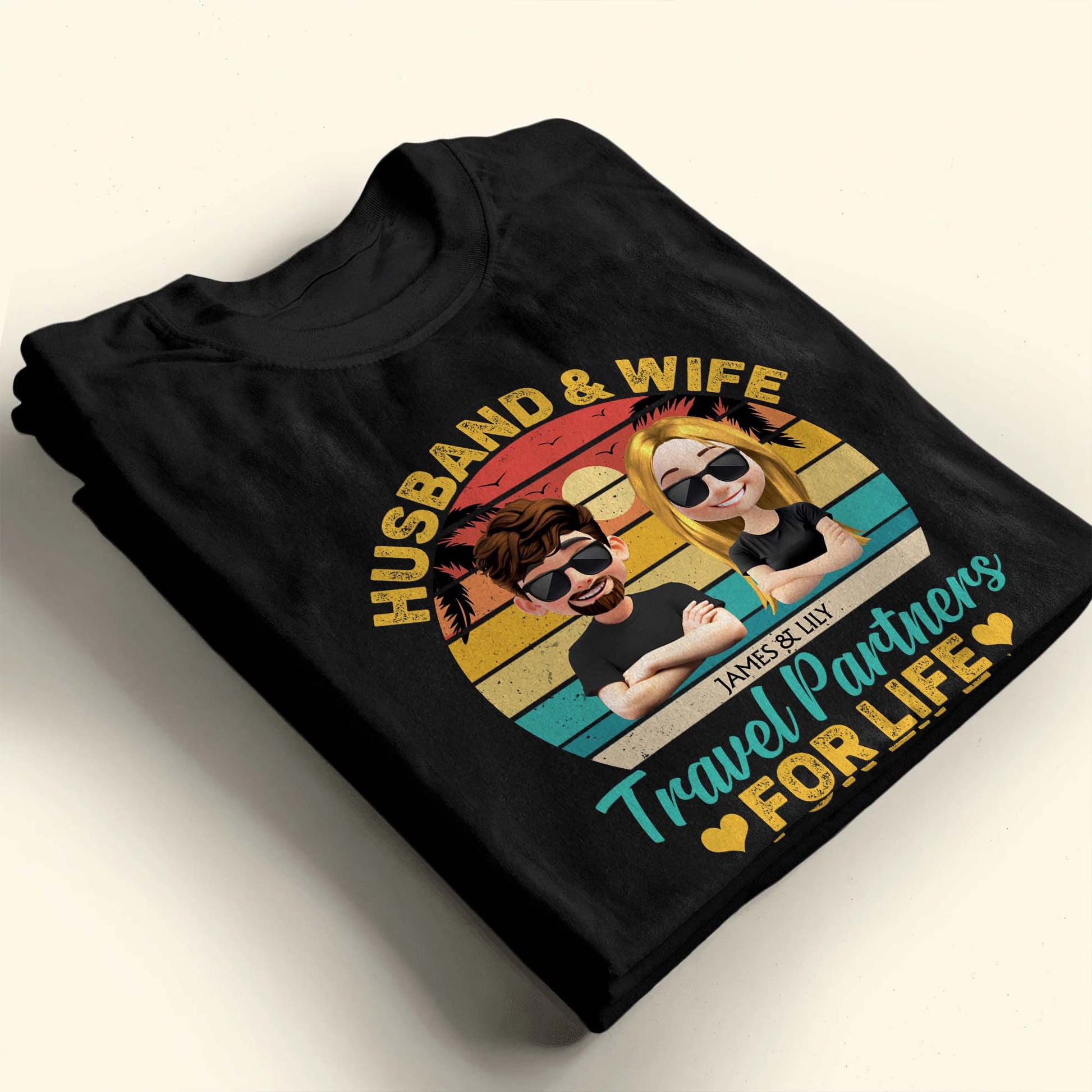 Husband & Wife Travel Partners For Life, Cartoon Couple and Sunset