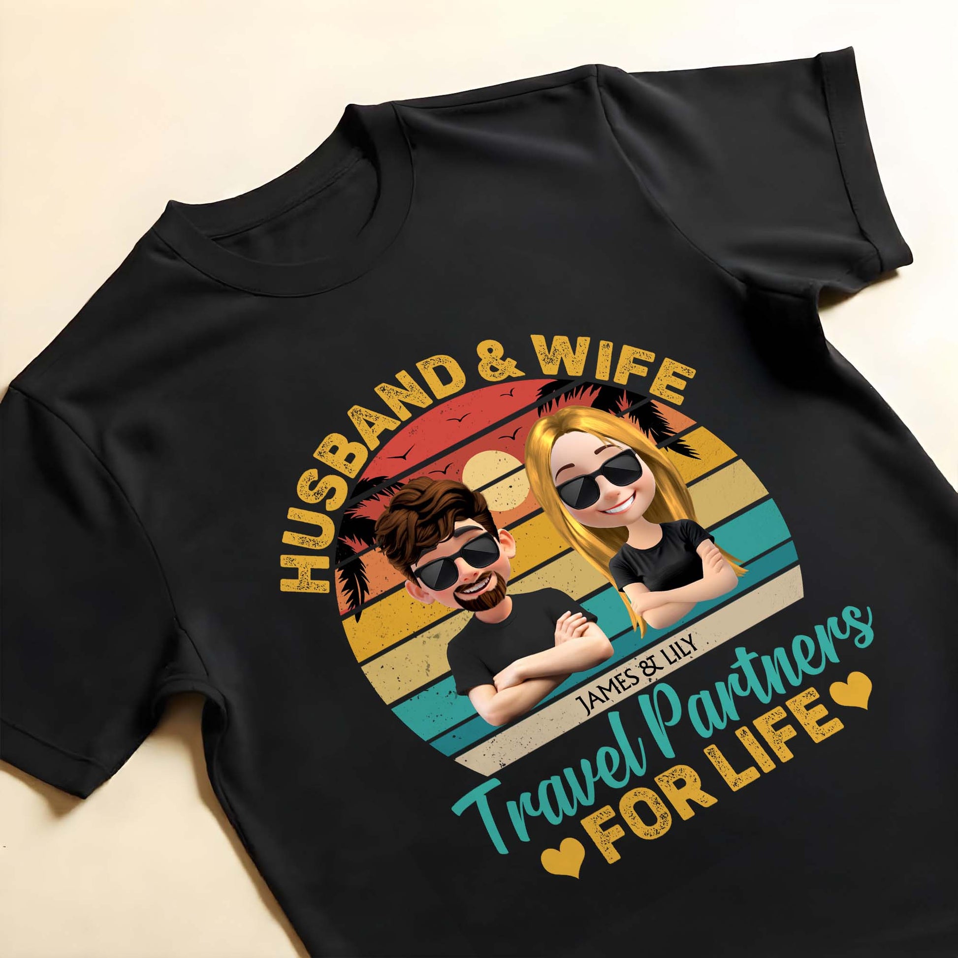 Husband & Wife Travel Partners For Life, Cartoon Couple and Sunset