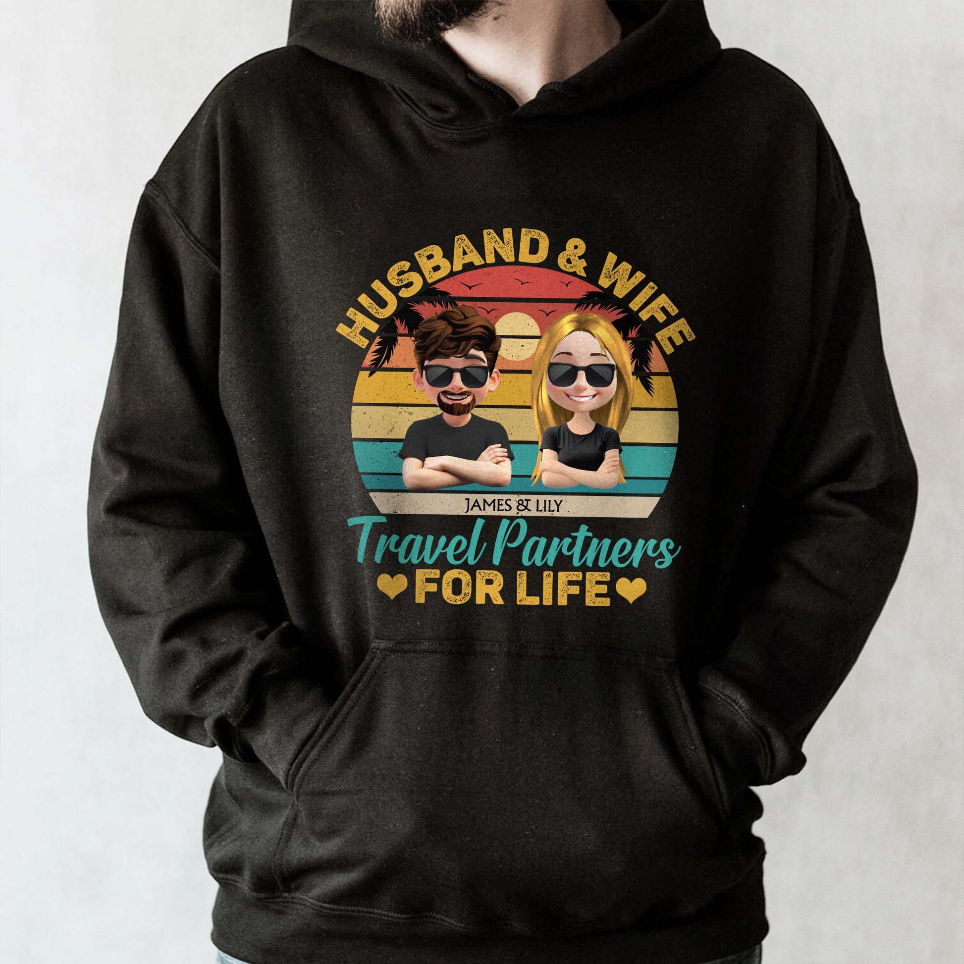 Husband & Wife Travel Partners For Life, Cartoon Couple and Sunset