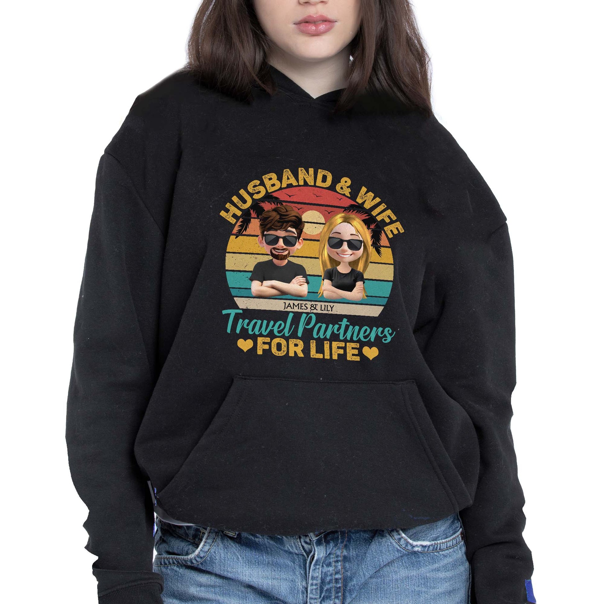 Husband & Wife Travel Partners For Life, Cartoon Couple and Sunset