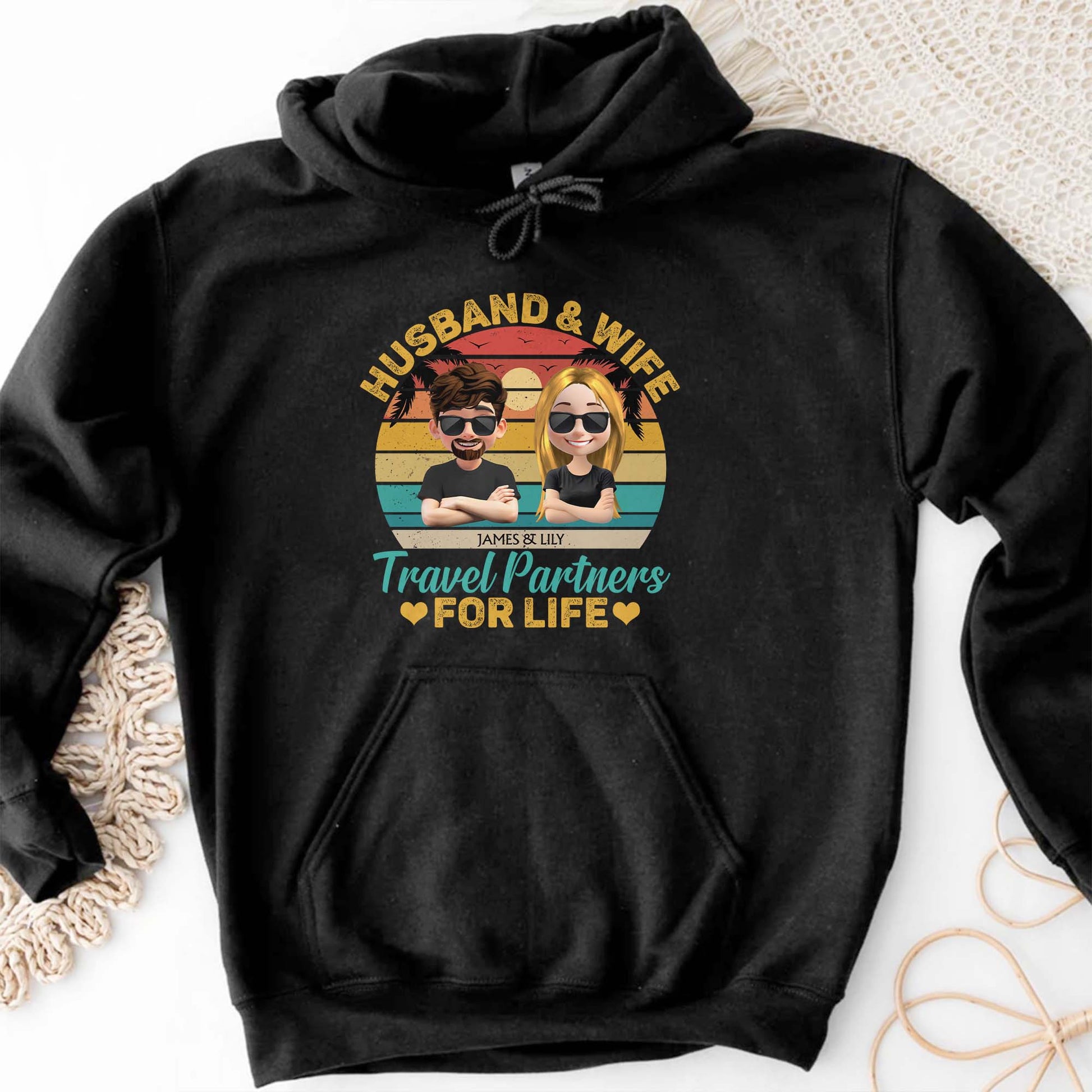 Husband & Wife Travel Partners For Life, Cartoon Couple and Sunset