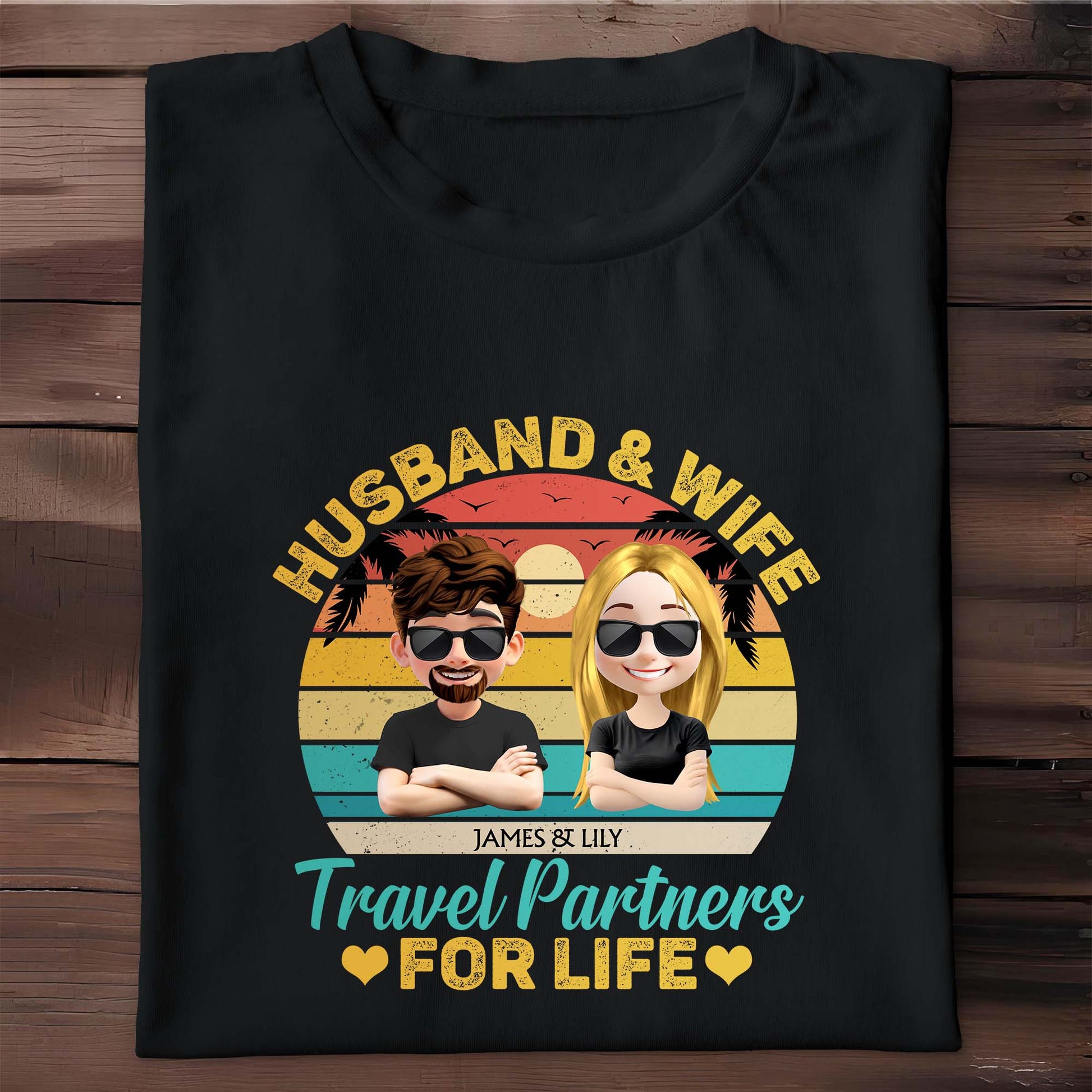 Husband & Wife Travel Partners For Life, Cartoon Couple and Sunset