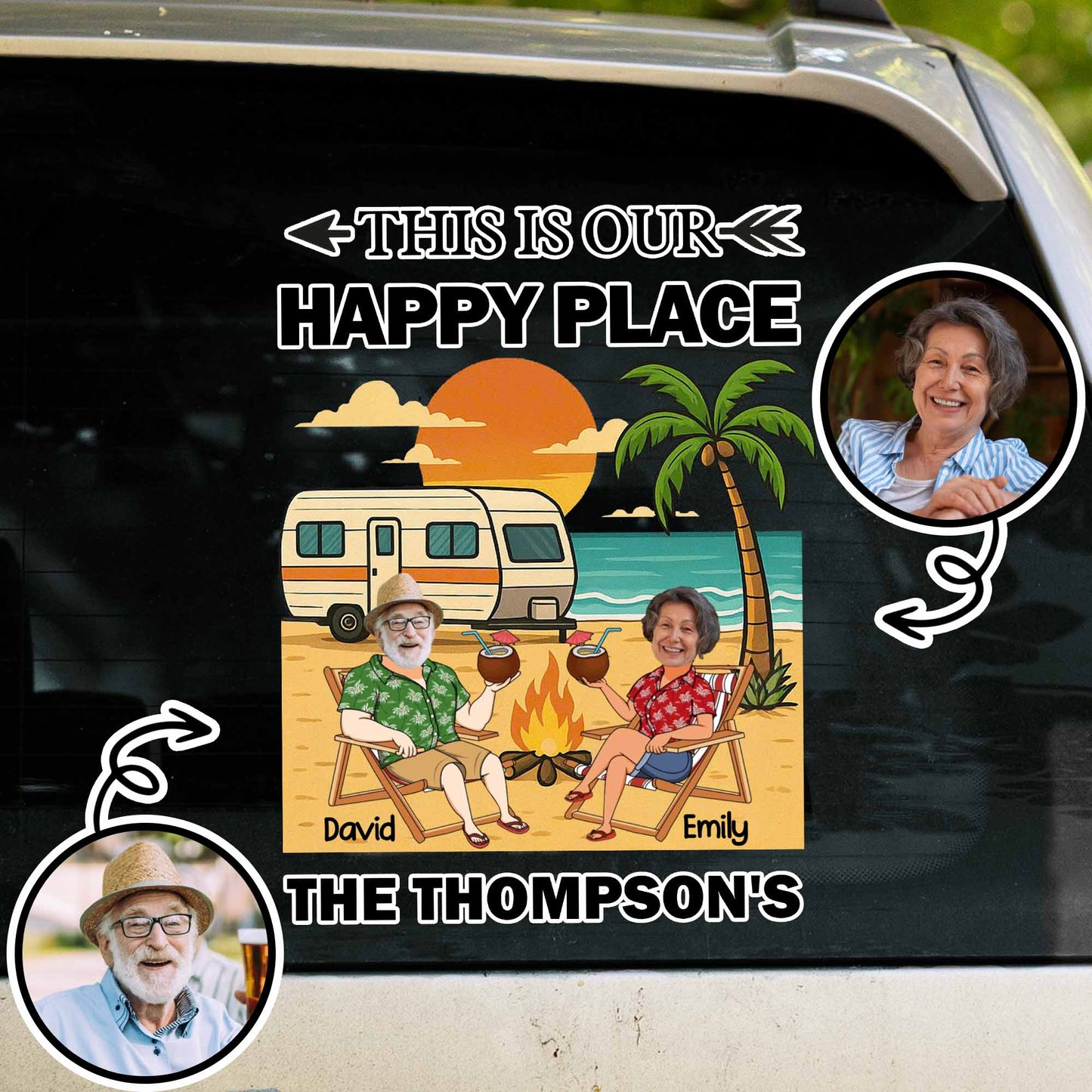 This Is Our Happy Place, Palm Trees, Camper Van, Campfire, Beach - Personalized Decor Decal - CPL393_STIK